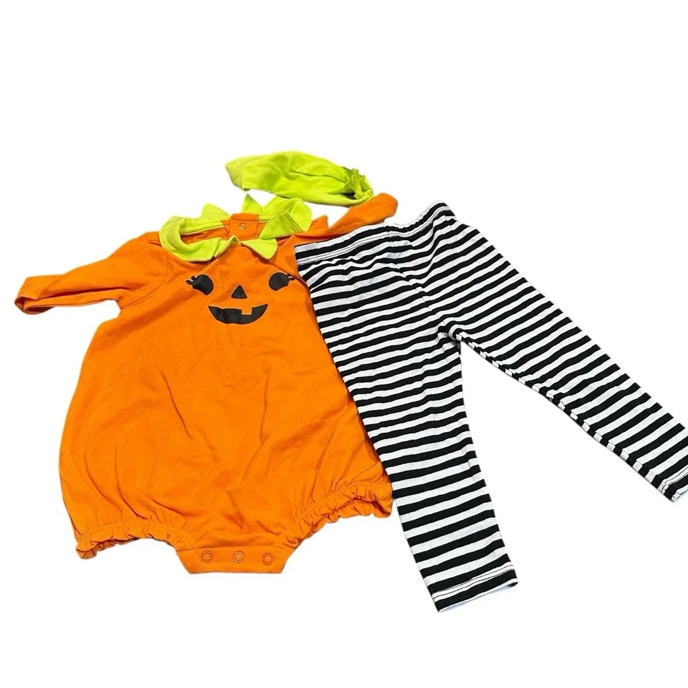Cat & Jack 6 - 9 Month Halloween Pumpkin Outfit 3 Pc  Pant Bodysuit‎ & Hairband